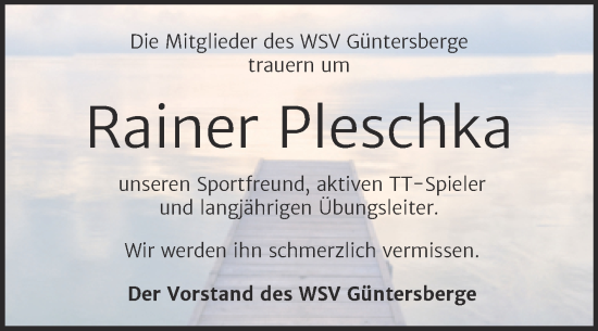 Traueranzeige von Rainer Pleschka von Trauerkombi Quedlinburg