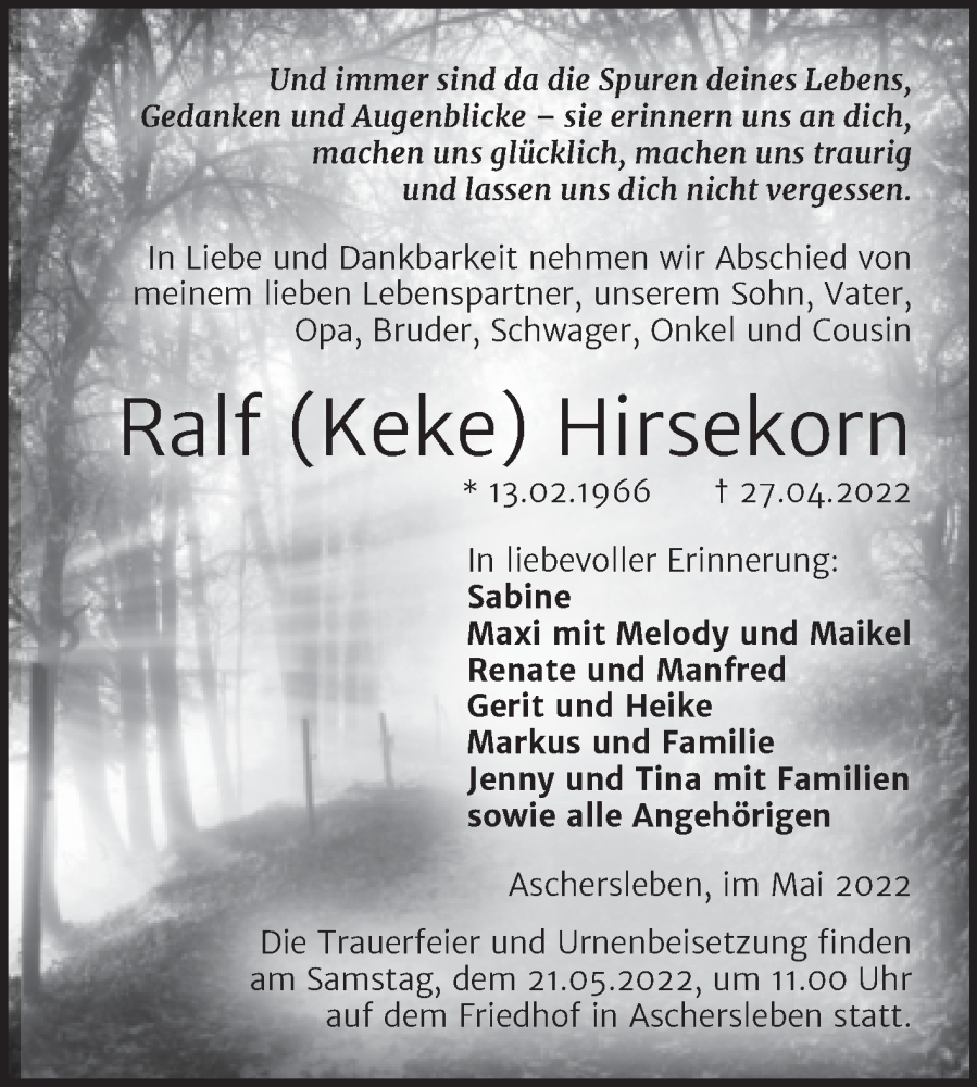  Traueranzeige für Ralf Hirsekorn vom 04.05.2022 aus Trauerkombi Aschersleben