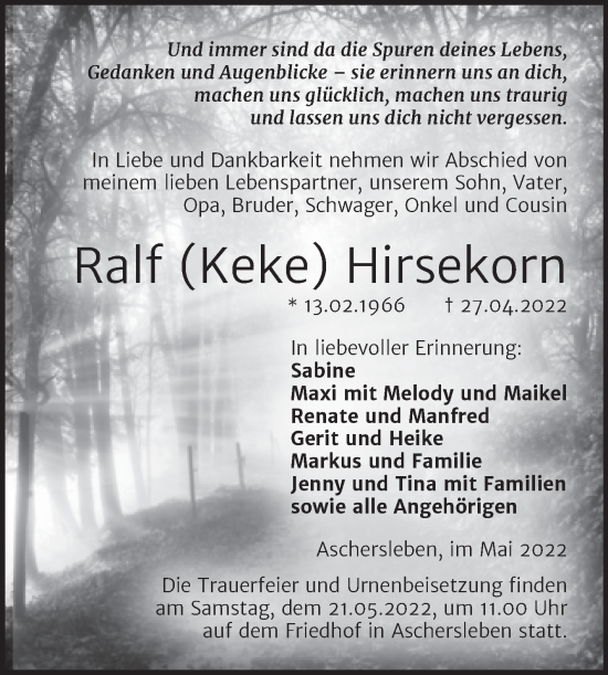 Traueranzeige von Ralf Hirsekorn von Trauerkombi Aschersleben