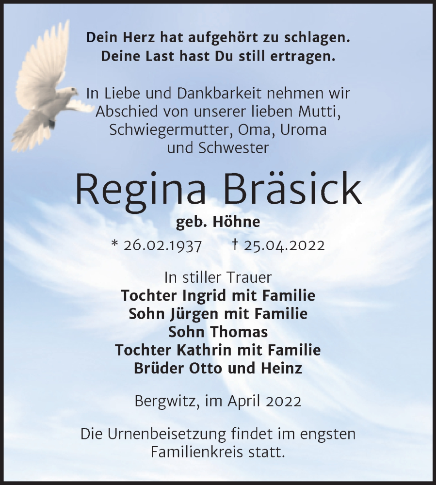  Traueranzeige für Regina Bräsick vom 07.05.2022 aus Trauerkombi Wittenberg