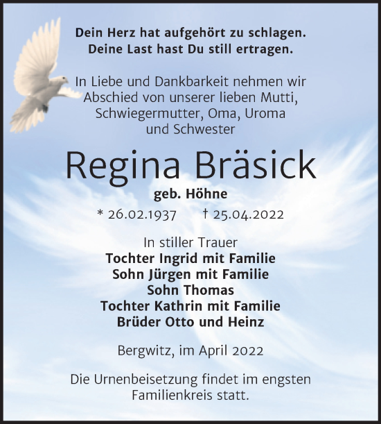 Traueranzeige von Regina Bräsick von Trauerkombi Wittenberg