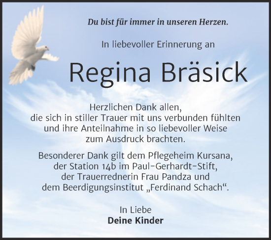 Traueranzeige von Regina Bräsick von Trauerkombi Wittenberg