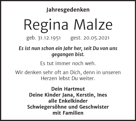Traueranzeige von Regina Malze von Mitteldeutsche Zeitung