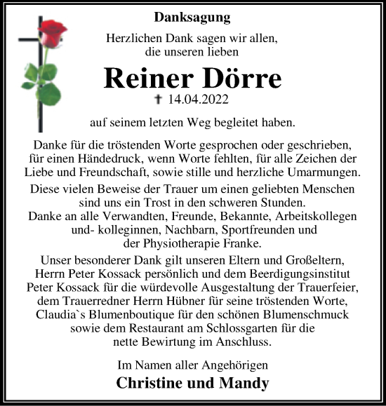 Traueranzeige von Reiner Dörre von Trauerkombi Dessau