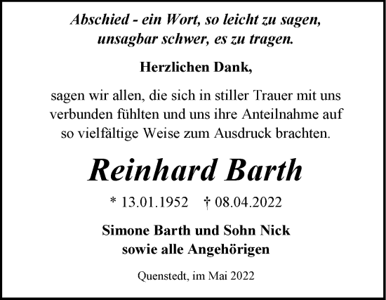 Traueranzeige von Reinhard Barth von Trauerkombi Mansfelder Land