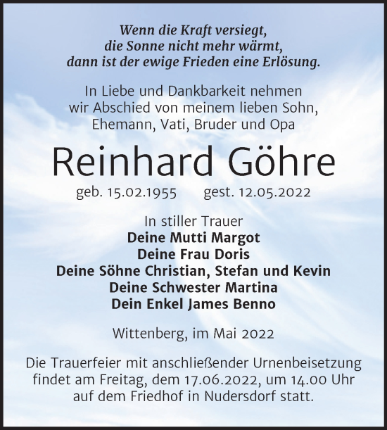 Traueranzeige von Reinhard Göhre von Trauerkombi Wittenberg