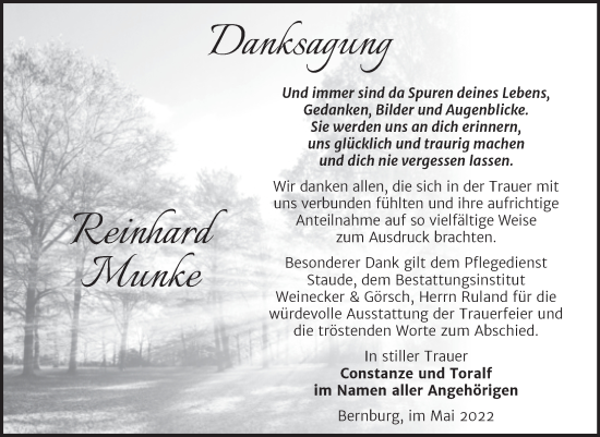 Traueranzeige von Reinhard Munke von Trauerkombi Bernburg