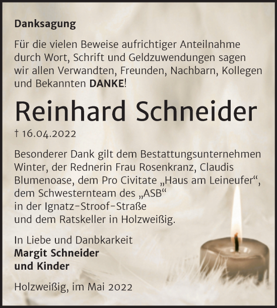 Traueranzeige von Reinhard Schneider von Trauerkombi Bitterfeld