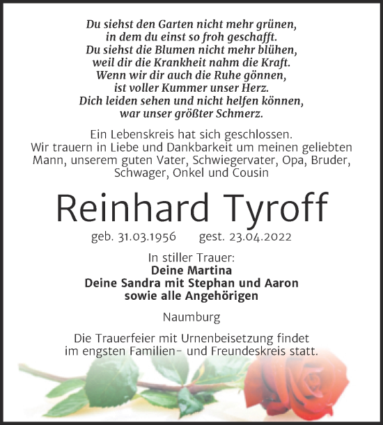 Traueranzeige von Reinhard Tyroff von Wochenspiegel Naumburg/Nebra