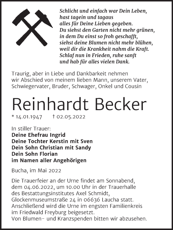 Traueranzeige von Reinhardt Becker von Wochenspiegel Naumburg/Nebra