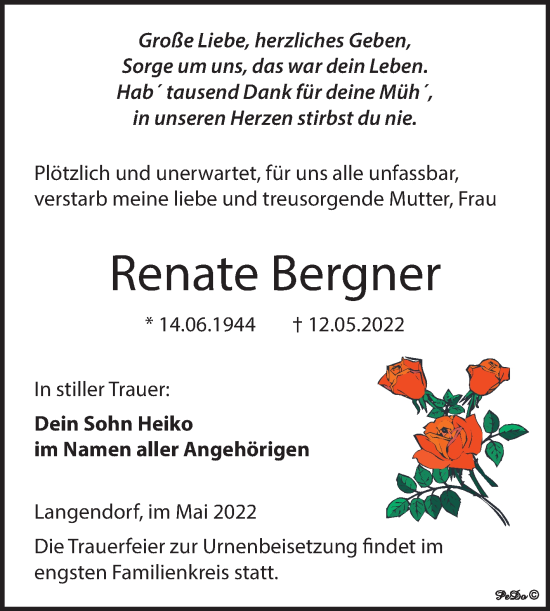 Traueranzeige von Renate Bergner von Trauerkombi Weißenfels