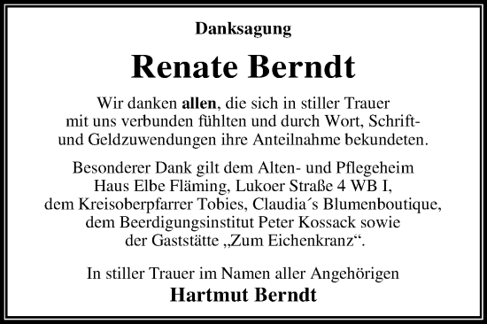 Traueranzeige von Renate Berndt von Trauerkombi Dessau