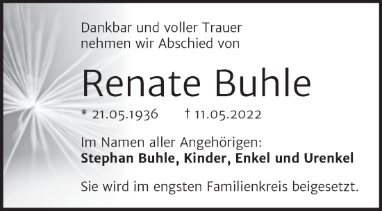 Traueranzeige von Renate Buhle von Mitteldeutsche Zeitung Halle/Saalkreis