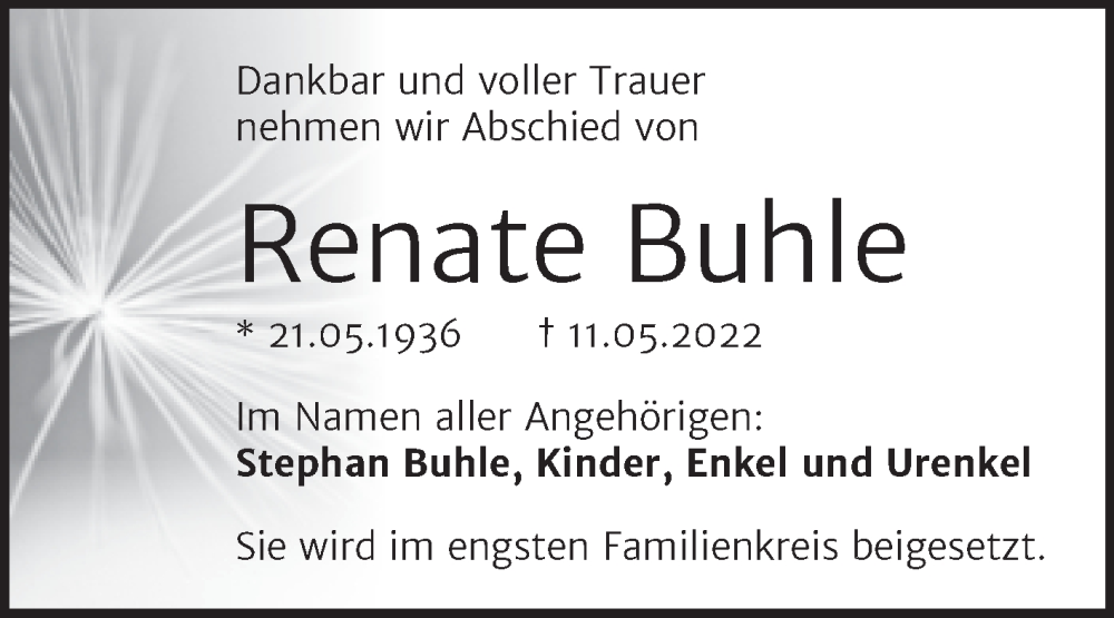  Traueranzeige für Renate Buhle vom 14.05.2022 aus Mitteldeutsche Zeitung Halle/Saalkreis