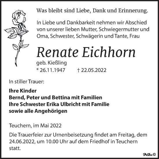 Traueranzeige von Renate Eichhorn von Trauerkombi Weißenfels