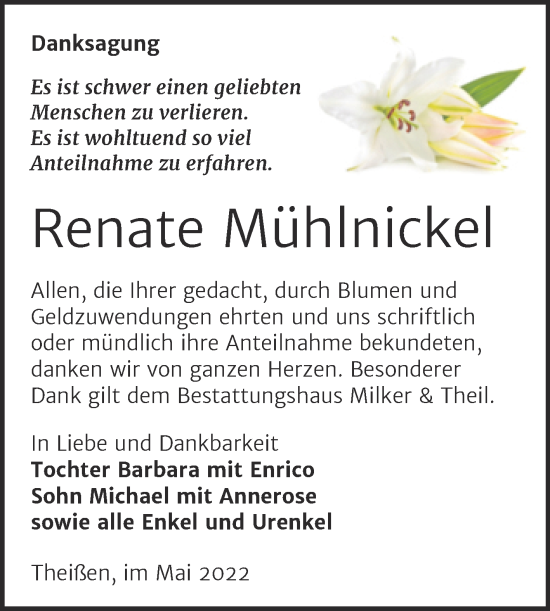 Traueranzeige von Renate Mühlnickel von Trauerkombi Zeitz