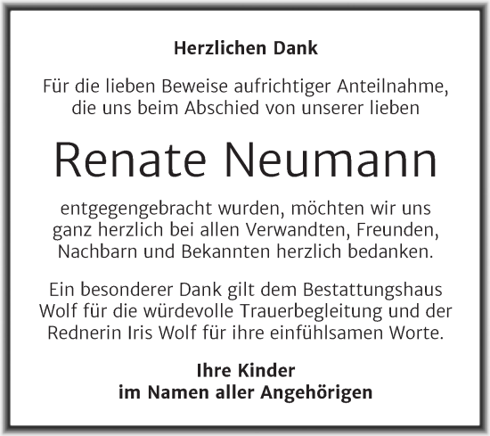 Traueranzeige von Renate Neumann von Trauerkombi Weißenfels