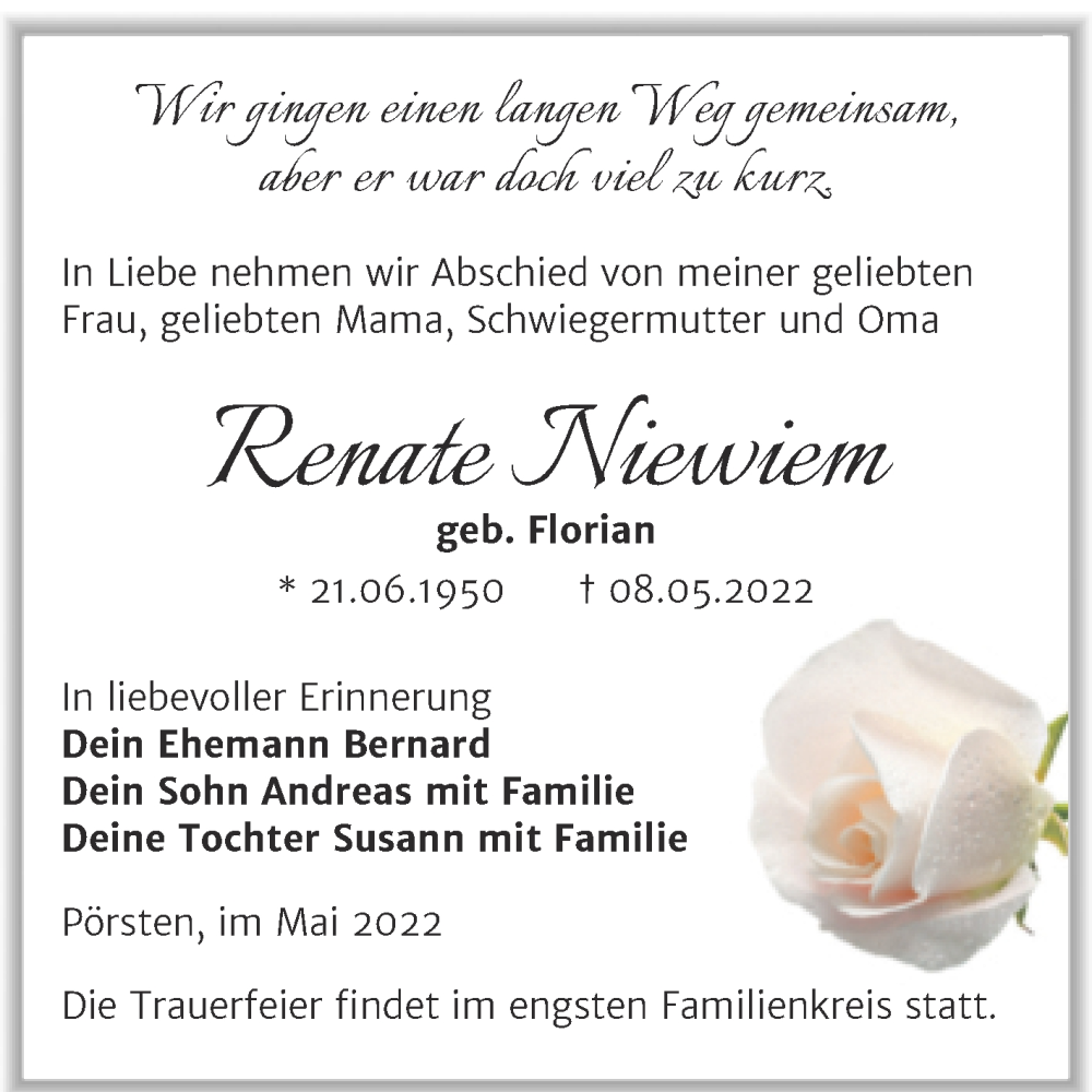  Traueranzeige für Renate Niewiem vom 18.05.2022 aus Trauerkombi Weißenfels