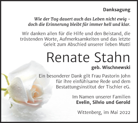 Traueranzeige von Renate Stahn von Trauerkombi Wittenberg