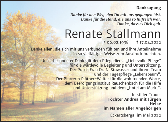 Traueranzeige von Renate Stallmann von Wochenspiegel Naumburg/Nebra