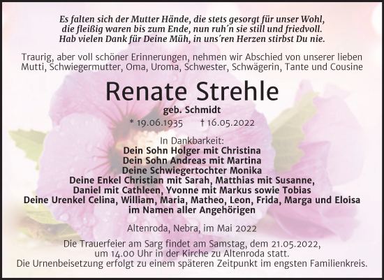 Traueranzeige von Renate Strehle von Naumburger Tageblatt