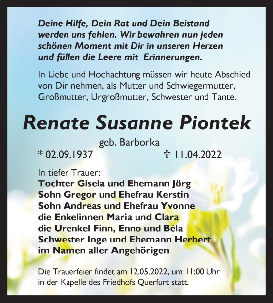 Traueranzeige von Renate Susanne Piontek von Trauerkombi Merseburg