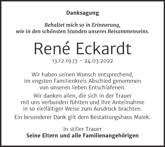Traueranzeige von Rene Eckardt von Trauerkombi Quedlinburg