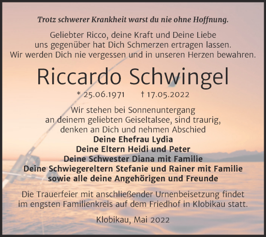 Traueranzeige von Riccardo Schwingel von Trauerkombi Merseburg