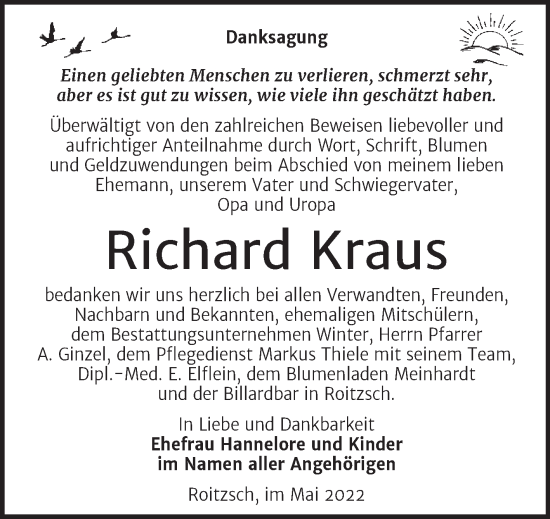 Traueranzeige von Richard Kraus von Trauerkombi Bitterfeld