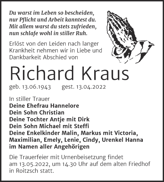Traueranzeige von Richard Kraus von Trauerkombi Bitterfeld