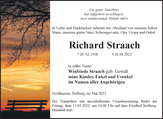 Traueranzeige von Richard Straach von Mitteldeutsche Zeitung Sangerhausen