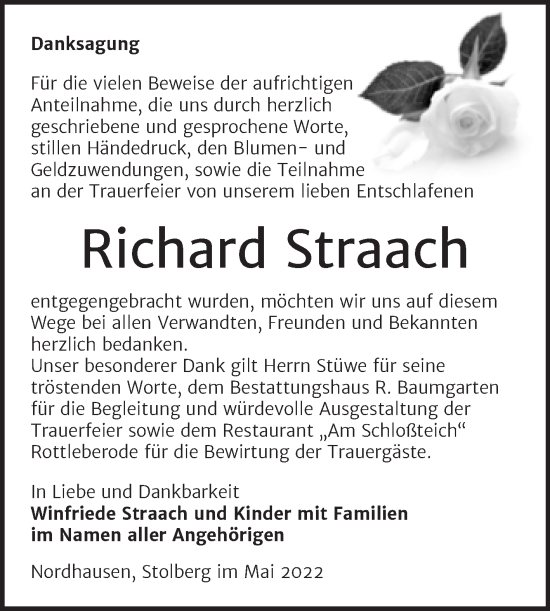 Traueranzeige von Richard Straach von Mitteldeutsche Zeitung Sangerhausen