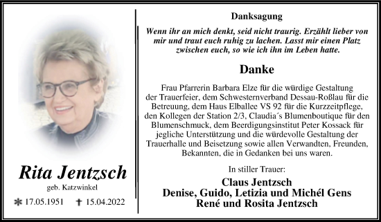 Traueranzeige von Rita Jentzsch von Trauerkombi Dessau