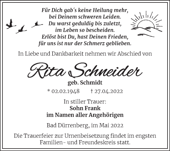 Traueranzeige von Rita Schneider von Trauerkombi Merseburg
