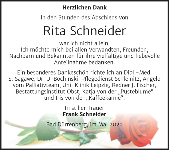 Traueranzeige von Rita Schneider von Trauerkombi Merseburg