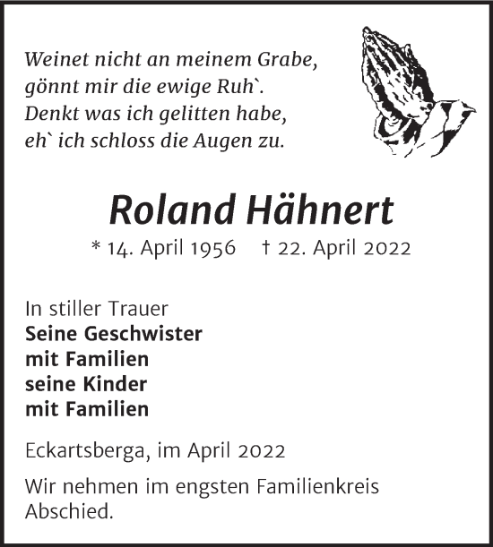 Traueranzeige von Roland Hähnert von Wochenspiegel Naumburg/Nebra