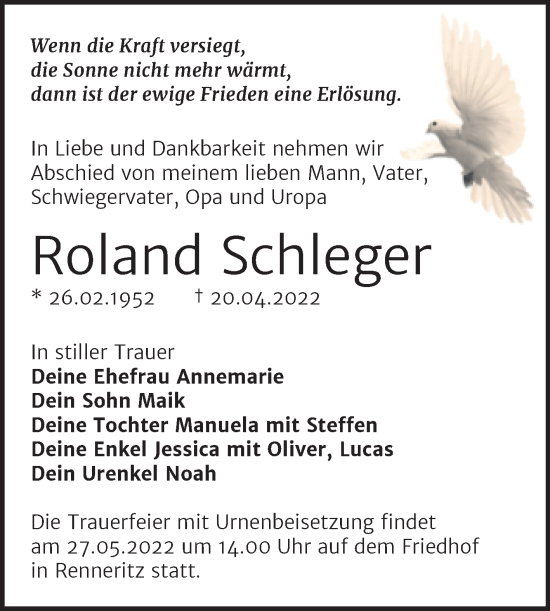 Traueranzeige von Roland Schleger von Trauerkombi Bitterfeld