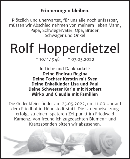 Traueranzeige von Rolf Hopperdietzel von Mitteldeutsche Zeitung Halle/Saalkreis