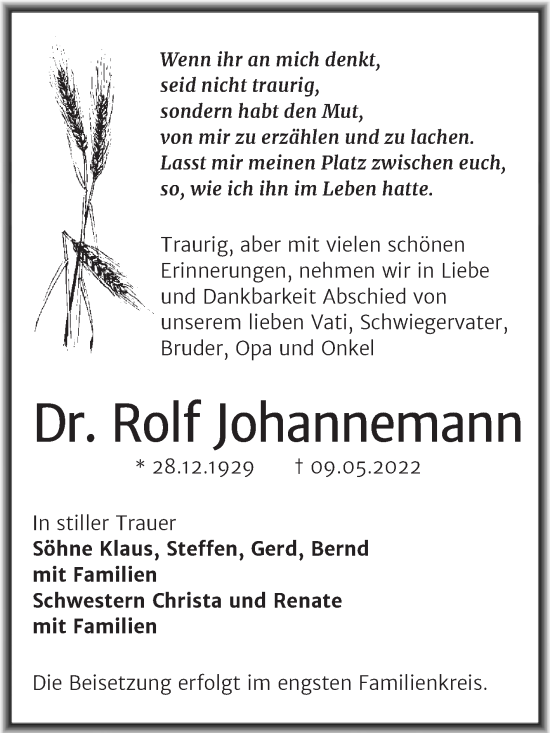 Traueranzeige von Rolf Johannemann von Mitteldeutsche Zeitung Halle/Saalkreis
