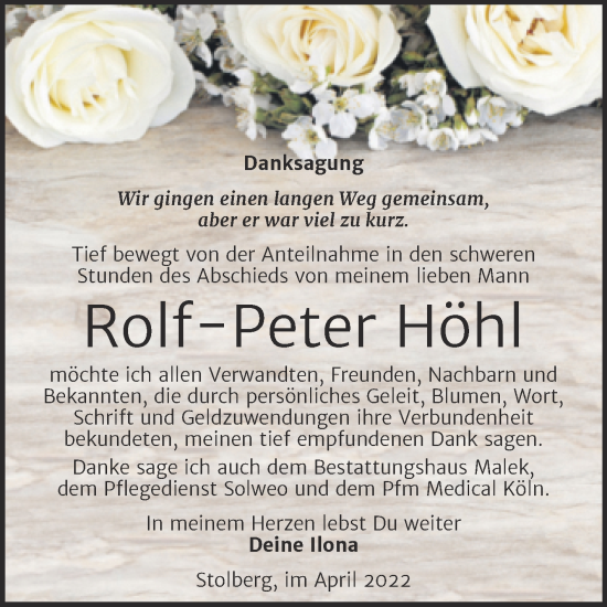 Traueranzeige von Rolf-Peter Höhl von Trauerkombi Sangerhausen