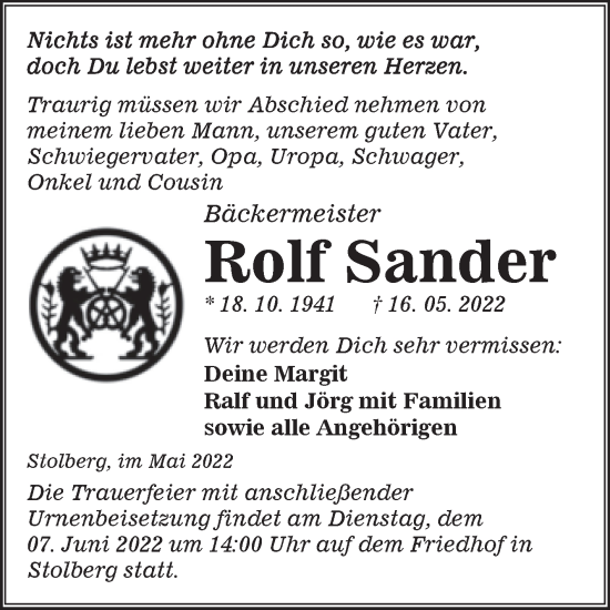 Traueranzeige von Rolf Sander von Trauerkombi Sangerhausen
