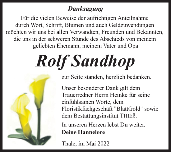 Traueranzeige von Rolf Sandhop von Trauerkombi Quedlinburg
