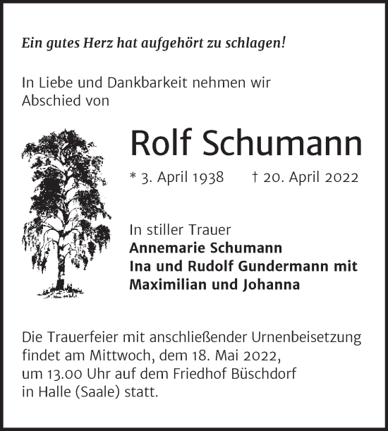 Traueranzeige von Rolf Schumann von Mitteldeutsche Zeitung Halle/Saalkreis