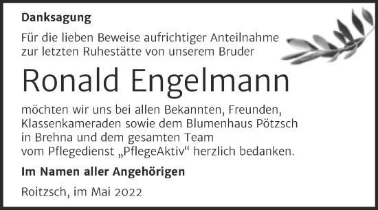 Traueranzeige von Ronald Engelmann von Trauerkombi Bitterfeld