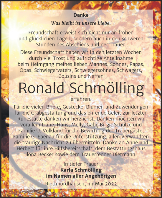 Traueranzeige von Ronald Schmölling von Trauerkombi Sangerhausen