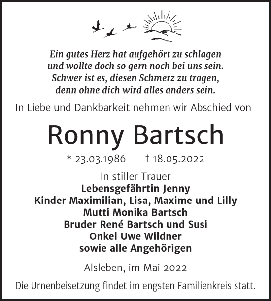 Traueranzeige von Ronny Bartsch von Trauerkombi Bernburg