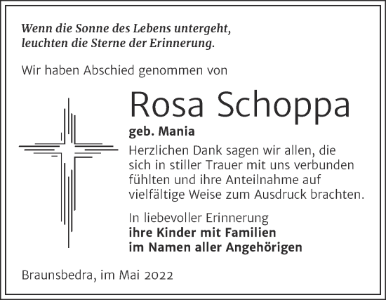 Traueranzeige von Rosa Schoppa von Trauerkombi Merseburg