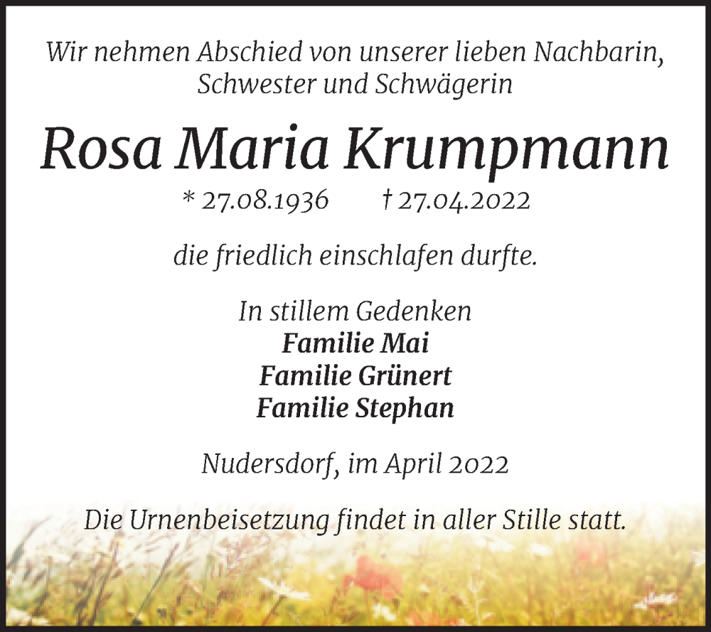  Traueranzeige für Rosa Maria Krumpmann vom 07.05.2022 aus Trauerkombi Wittenberg