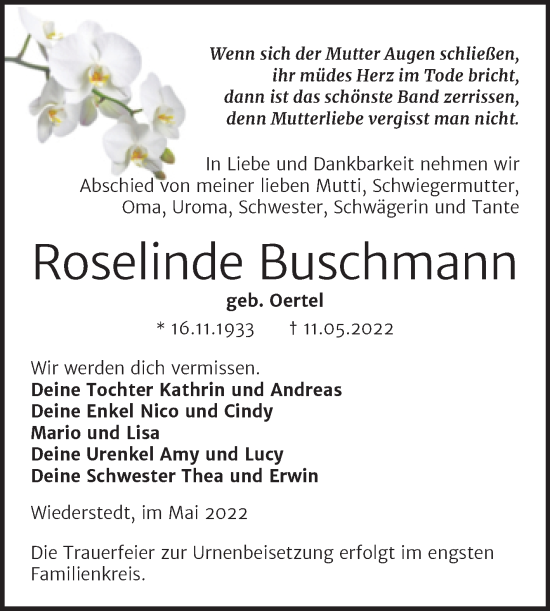 Traueranzeige von Roselinde Buschmann von Trauerkombi Mansfelder Land