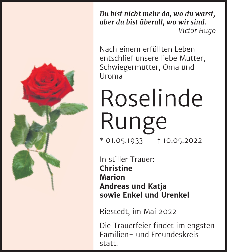  Traueranzeige für Roselinde Runge vom 14.05.2022 aus Trauerkombi Sangerhausen